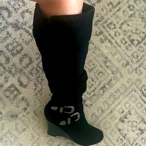 Wedge knee high black suede boot